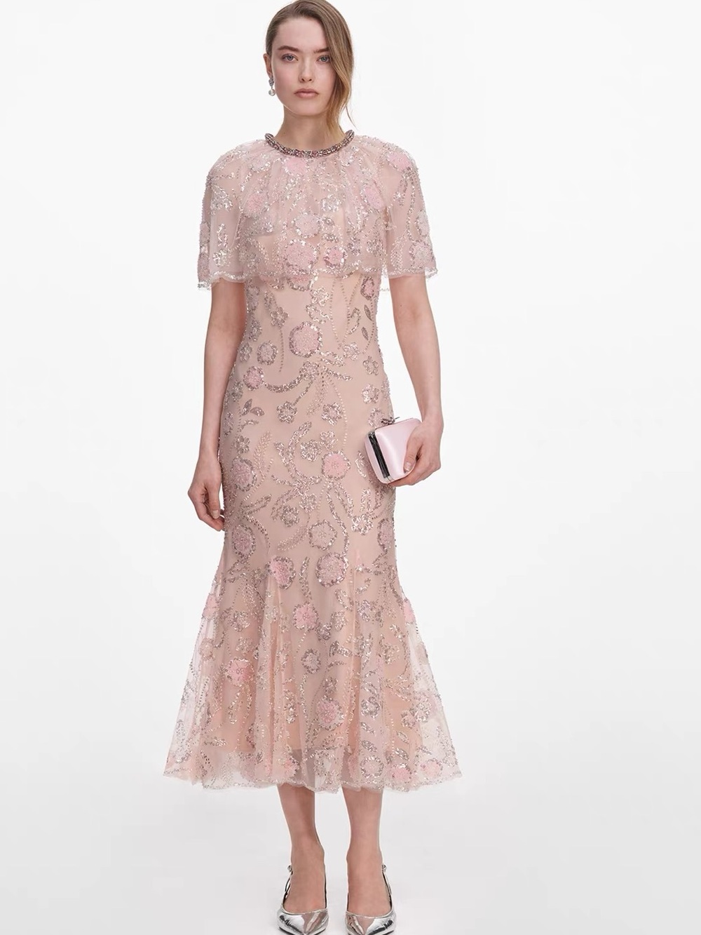 NWOT Self-Portrait PINK EMBELLISHED CAPE MIDI DRESS